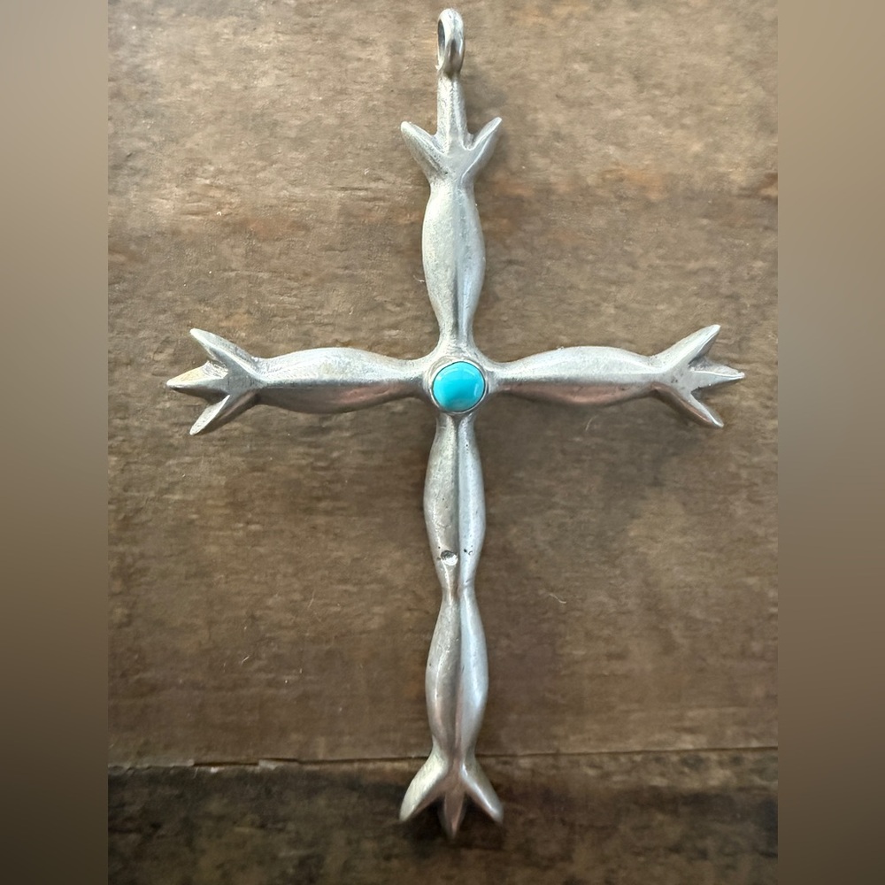Vintage Native Navajo Sterling Silver Sand Cast Cross Pendant with Turquoise